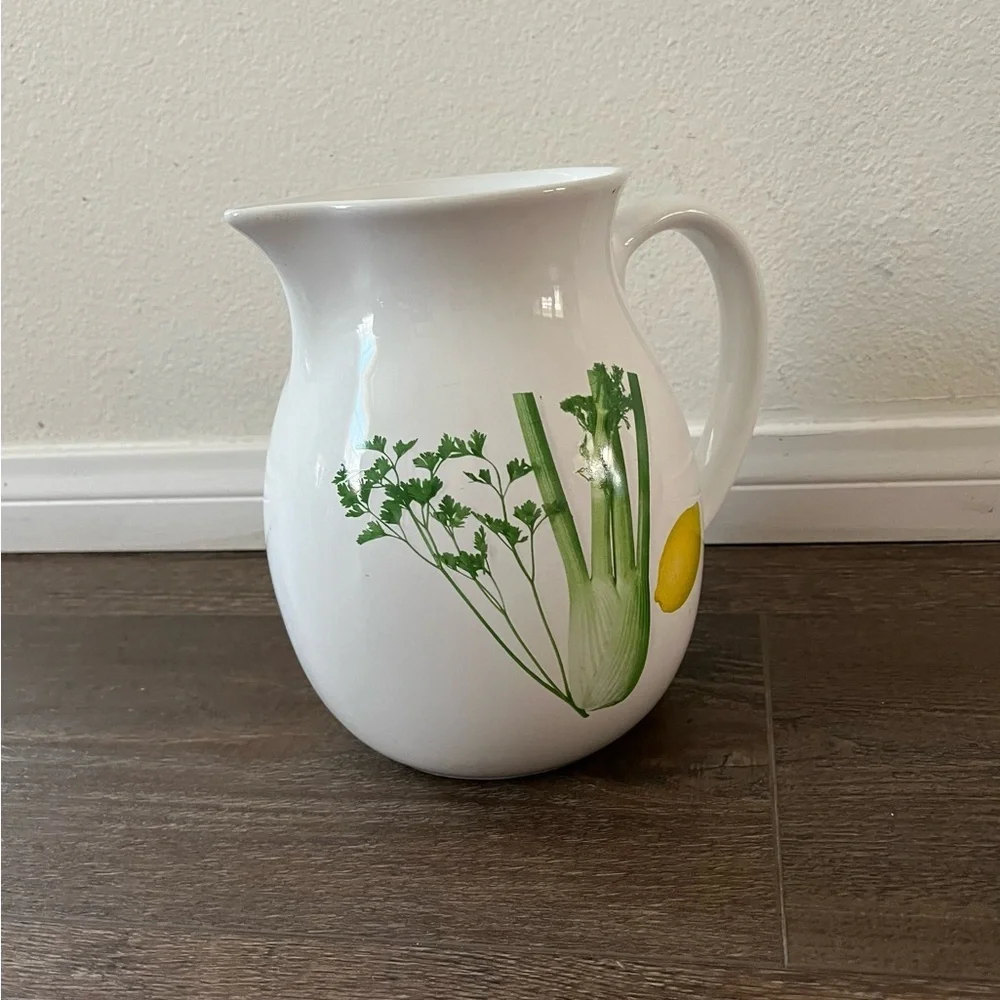 White Ceramic Pitcher with Herb and Lemon Design from Portugal